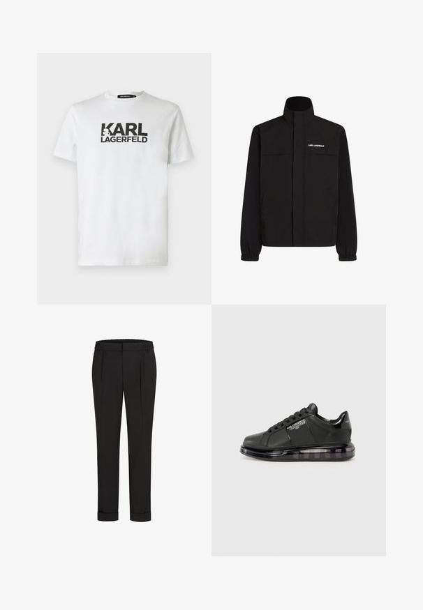 Juodas švarkas su aukštu apykakle, elastingais rankogaliais ir dviem priekinėmis kišenėmis. Viršutinėje kairėje pusėje yra baltas logotipas. Lygus, vandeniui atsparus audinys.; Balta medvilninė marškinėlė su dideliu juodu "KARL LAGERFELD" logotipu, atspausdintu priekyje, apvaliu kaklu ir trumpomis rankovėmis. Paprastas dizainas.; Juodi kelnių su elastinga juosmena, tiesaus kirpimo ir sukurtomis rankovėmis. Pagaminti iš lygaus, audinio be raštų.; Juodi sportiniai bateliai su lygiu odiniu apdailu, suapvalintu nosiu ir raištelių dizainu. Ypatybės apima skaidrų, paminkštintą pado su tamsiu gradientu.