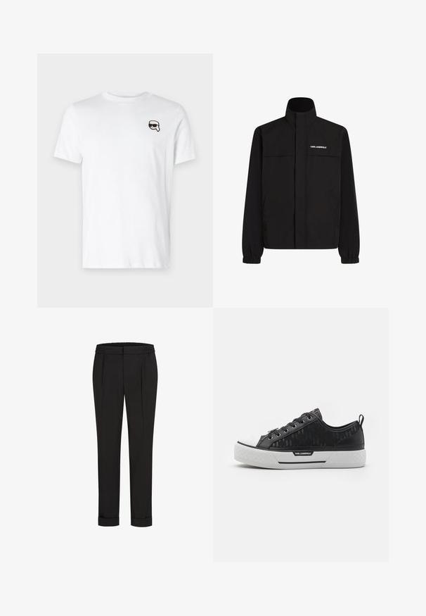 Musta takki, jossa on korkea kaulus, joustavat hihat ja kaksi etutaskua. Vasemmassa yläkulmassa valkoinen logo. Sileä, vedenkestävä kangas.; Valkoinen puuvillapaita, jossa on pieni mustavalkoinen grafiikka vasemmassa rintakohdassa. Klassinen pyöreä kaula-auko ja lyhyet hihat.; Mustat housut, joissa on joustava vyötärö, suoran lahkeiden muotoilu ja käännetyt hihnat. Valmistettu sileästä, kudotusta kankaasta ilman kuvioita.; Musta matala sneaker, jossa on kuvioitu kangas päällinen, valkoinen kuminen varvastuppi, tekstuuripohja ja logopainatus sivussa. Metalliset reiät nauhoille.