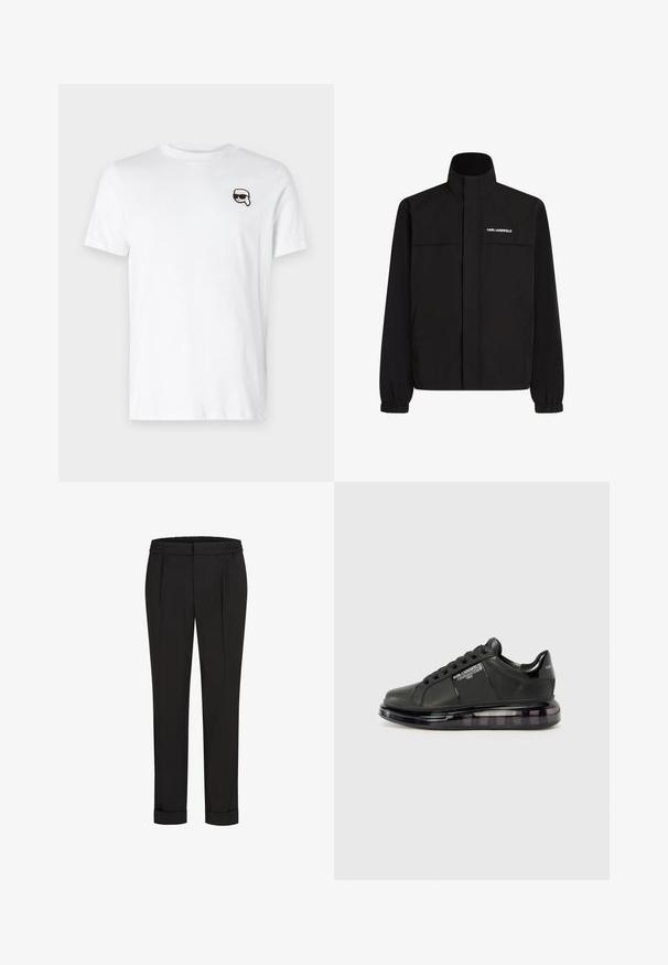 Juodas švarkas su aukštu apykakle, elastingais rankogaliais ir dviem priekinėmis kišenėmis. Viršutinėje kairėje pusėje yra baltas logotipas. Lygus, vandeniui atsparus audinys.; Balta medvilninė marškinėliai su maža juodai-balta grafika kairėje krūtinės pusėje. Klasikinis apvalus kaklo iškirpimas ir trumpos rankovės.; Juodi kelnių su elastinga juosmena, tiesaus kirpimo ir sukurtomis rankovėmis. Pagaminti iš lygaus, audinio be raštų.; Juodi sportiniai bateliai su lygiu odiniu apdailu, suapvalintu nosiu ir raištelių dizainu. Ypatybės apima skaidrų, paminkštintą pado su tamsiu gradientu.