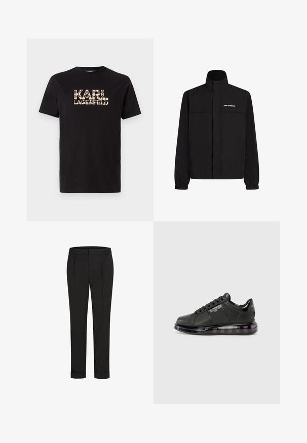 Mustan värvi jakk, millel on kõrge krae, elastsed mansetid ja kaks esikot. Ümber vasaku ülemise külje on valge logo. Sile, veekindel kangas.; Mustast puuvillaseest T-särk, millel on esiküljel tekstuuriga mitmevärviline "KARL LAGERFELD" graafika, ümar kaelus ja lühikesed varrukad.; Mustad püksid elastse vöökohtaga, sirge jala kujundusega ja üles keeratud äärtega. Valmistatud siledast, kudumisega kangast, ilma mustriteta.; Must mustad musta nahast ülemise osaga, ümarate varvaste ja paeltega disainiga. Omab läbipaistvat, pehmendatud tallat, millel on tume gradient.