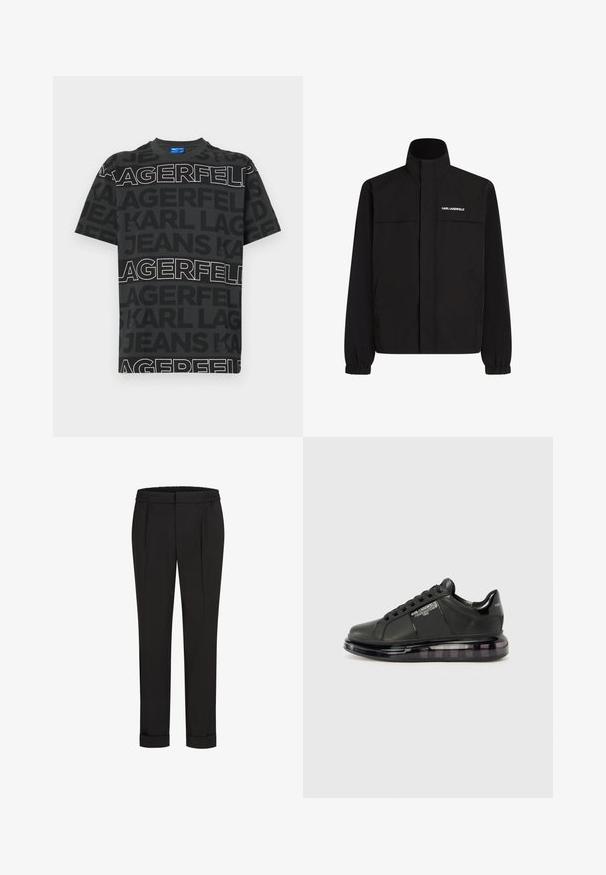 Čierna bunda s vysokým golierom, elastickými manžetami a dvoma prednými vreckami. Na hornej ľavej strane sa nachádza logo v bielej farbe. Hladká, vodeodolná tkanina.; Čierne tričko s kontrastným bielym textom. Obsahuje opakované logo v rôznych písmach a veľkostiach. Krátke rukávy a okrúhly výstrih.; Čierne nohavice s elastickým pásom, s rovnými nohavicami a prehnutými manžetami. Vyrobené z hladkej tkaniny bez vzorov.; Čierne tenisky s hladkým koženým vrchom, zaoblenou špičkou a dizajnom na šnurovanie. Sú vybavené priehľadnou, polstrovanou podrážkou s tmavým gradientom.