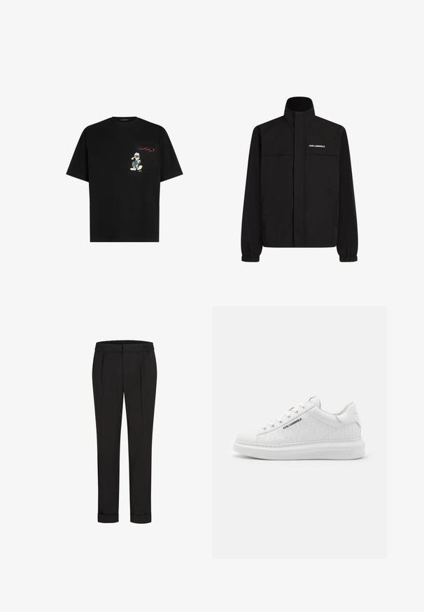 Černá bunda s vysokým límcem, elastickými manžetami a dvěma předními kapsami. Na levé horní straně se nachází bílé logo. Hladká, voděodolná tkanina.; KARL LAGERFELD DISNEY POCKET - Triko s potiskem - black; Černé kalhoty s elastickým pasem, s rovnými nohavicemi a ohrnutými lemy. Vyrobené z hladké tkaniny bez vzorů.; Bílé tenisky vyrobené z hladké kůže s embosovaným vzorem. Mají kulatou špičku, šněrování vpředu a texturovanou podrážku. Stříbrný logo detail na boku.