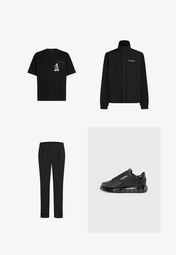 Jachetă neagră cu guler înalt, manșete elastice și două buzunare frontale. Prezintă un logo pe partea stângă sus, de culoare albă. Material neted, rezistent la apă.; KARL LAGERFELD DISNEY POCKET - Tricou cu imprimeu - black; Pantaloni negri cu talie elastică, având un design cu picioare drepte și manșete suflecate. Realizați dintr-un material neted, țesut, fără modele.; Adidași negri cu partea superioară din piele netedă, vârf rotund și design cu șireturi. Prezintă o talpă transparentă, căptușită, cu un gradient întunecat.