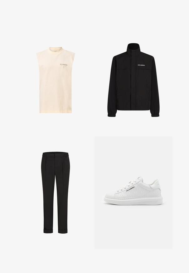 Černá bunda s vysokým límcem, elastickými manžetami a dvěma předními kapsami. Na levé horní straně se nachází bílé logo. Hladká, voděodolná tkanina.; Krémová bezrukávová bavlněná košile s kulatým výstřihem. Obsahuje jemný potisk loga tmavě zelené barvy na levém prsním místě. Hladká textura.; Černé kalhoty s elastickým pasem, s rovnými nohavicemi a ohrnutými lemy. Vyrobené z hladké tkaniny bez vzorů.; Bílé tenisky vyrobené z hladké kůže s embosovaným vzorem. Mají kulatou špičku, šněrování vpředu a texturovanou podrážku. Stříbrný logo detail na boku.