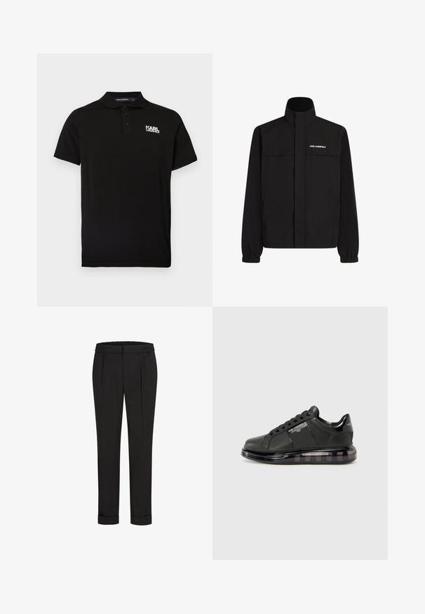 Crna jakna s visokim ovratnikom, elastičnim manžetama i dva prednja džepa. Sadrži logo na gornjoj lijevoj strani u bijeloj boji. Glatka, vodootporna tkanina.; Crna polo majica od pamuka, sa dvostrukom kopčom na dva gumba, kratkim rukavima i bijelim logotipom "KARL LAGERFELD" na lijevoj strani prsa.; Crne hlače s elastičnom trakom u struku, s ravnim krojem i zavrnutim rubovima. Napravljene od glatkog, tkanog materijala bez uzoraka.; Crna sportska cipela s glatkom kožnom gornjom dijelu, zaobljenim vrhom i vezanjem. Sadrži prozirnu, ublaženu potplat s tamnim degradéom.