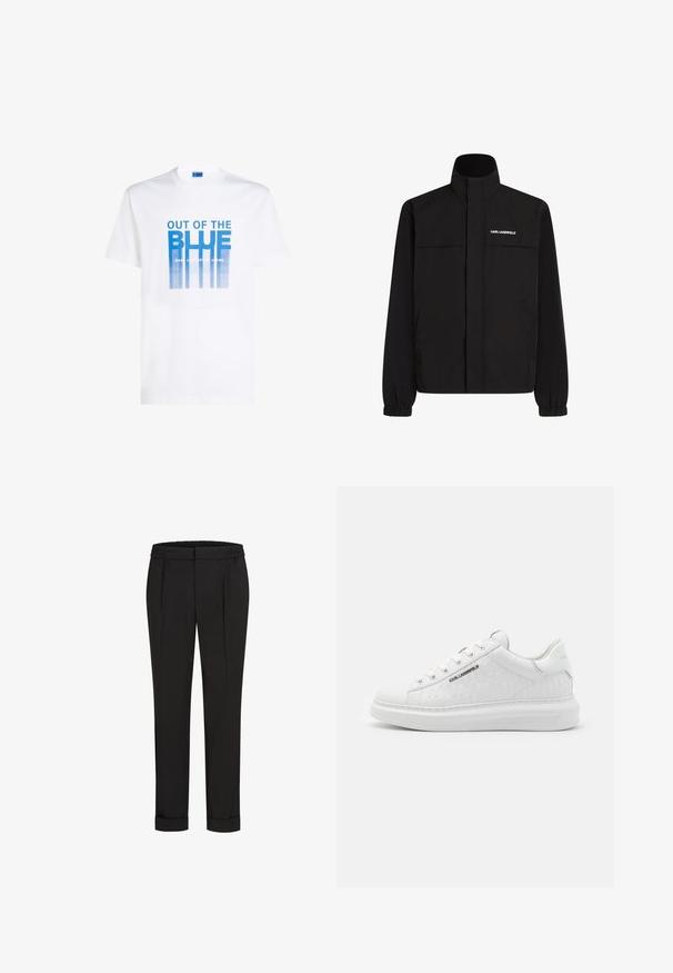 Čierna bunda s vysokým golierom, elastickými manžetami a dvoma prednými vreckami. Na hornej ľavej strane sa nachádza logo v bielej farbe. Hladká, vodeodolná tkanina.; Biela bavlnená tričko s modrou grafickou potlačou s textom "OUT OF THE BLUE" a vertikálnymi čiarami. Okrúhly výstrih, krátke rukávy.; Čierne nohavice s elastickým pásom, s rovnými nohavicami a prehnutými manžetami. Vyrobené z hladkej tkaniny bez vzorov.; Biele tenisky vyrobené z hladkej kože s embosovaným vzorom. Majú okrúhlu špičku, šnurovanie v prednej časti a textúrovanú podrážku. Strieborný detail loga na boku.