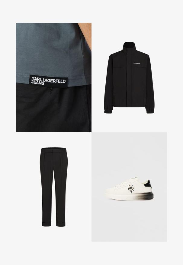 Črna jakna z visokim ovratnikom, elastičnimi rokavi in dvema sprednjima žepoma. Na zgornji levi strani je bel logotip. Gladka, vodoodporna tkanina.; Siva majica s teksturiranim zaključkom, z verižico v črni barvi z napisom "KARL LAGERFELD JEANS" na robu, v kombinaciji s črnimi hlačami.; Črne hlače z elastičnim pasom, s pravimi nogavicami in zavihanimi manšetami. Narejene so iz gladkega, tkanega materiala brez vzorcev.; Bele teniske s gladkim usnjem, črnimi poudarki na peti in risanim logotipom. Imajo debel, rahlo prozoren podplat.