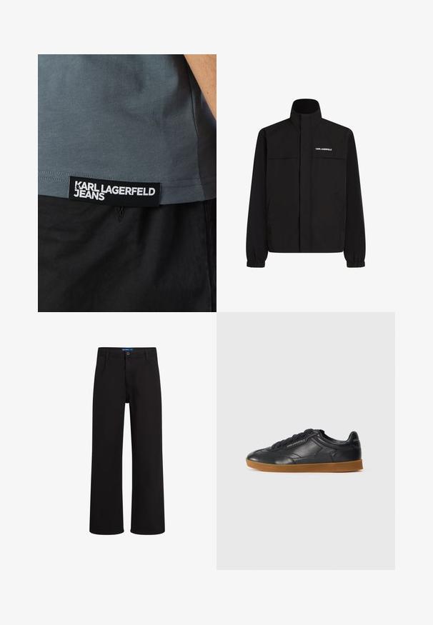 Čierna bunda s vysokým golierom, elastickými manžetami a dvoma prednými vreckami. Na hornej ľavej strane sa nachádza logo v bielej farbe. Hladká, vodeodolná tkanina.; Sivá tričko s textúrovaným povrchom, s čiernou etiketou s nápisom "KARL LAGERFELD JEANS" na spodnom okraji, kombinované s čiernymi nohavicami.; Čierne nohavice rovného strihu s gombíkom a zipsom, s pútkom na opasok a bočnými vreckami, zobrazené na bielom pozadí.; Čierne kožené tenisky s guľatou špičkou, šnurovaním vpredu a kontrastnou gumenou podrážkou. Obsahujú embosované logo na boku a na zadnej strane.