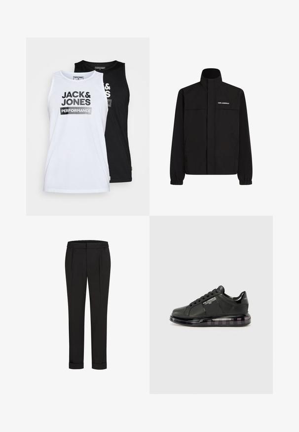 Jachetă neagră cu guler înalt, manșete elastice și două buzunare frontale. Prezintă un logo pe partea stângă sus, de culoare albă. Material neted, rezistent la apă.; Set de două maie fără mâneci, în alb și negru. Materialul este bumbac neted. Partea din față are inscripția "JACK & JONES PERFORMANCE" cu litere mari, negre.; Pantaloni negri cu talie elastică, având un design cu picioare drepte și manșete suflecate. Realizați dintr-un material neted, țesut, fără modele.; Adidași negri cu partea superioară din piele netedă, vârf rotund și design cu șireturi. Prezintă o talpă transparentă, căptușită, cu un gradient întunecat.