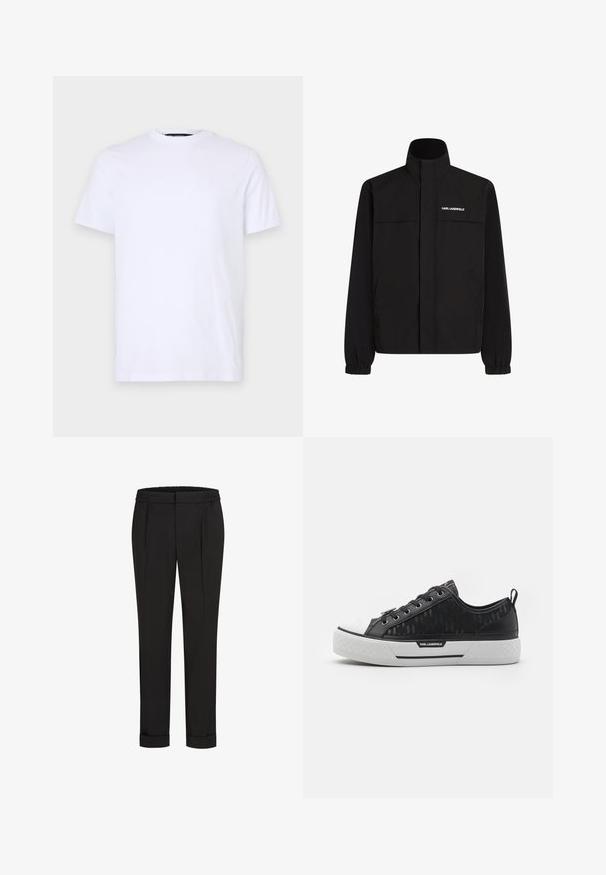 Juodas švarkas su aukštu apykakle, elastingais rankogaliais ir dviem priekinėmis kišenėmis. Viršutinėje kairėje pusėje yra baltas logotipas. Lygus, vandeniui atsparus audinys.; Balta medvilnės marškinėliai trumpomis rankovėmis, apvaliu iškirpimu, su subtiliai išspaustu logotipu kairėje krūtinės pusėje, lygaus paviršiaus.; Juodi kelnių su elastinga juosmena, tiesaus kirpimo ir sukurtomis rankovėmis. Pagaminti iš lygaus, audinio be raštų.; Juodas žemas sportinis batelis su raštuota kanapių viršumi, baltu guminiu nosies dangteliu, tekstūruotu padu ir logotipo akcentu šone. Metaliniai aklai raištams.