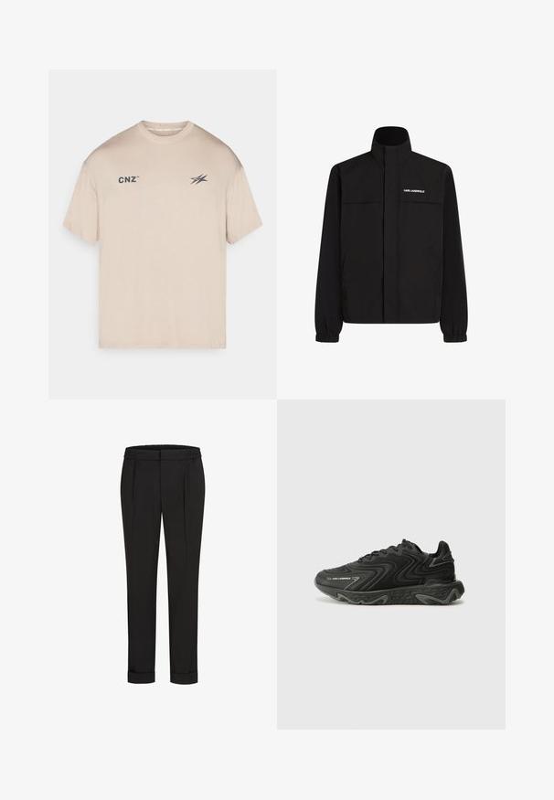 Mustan värvi jakk, millel on kõrge krae, elastsed mansetid ja kaks esikot. Ümber vasaku ülemise külje on valge logo. Sile, veekindel kangas.; Beige lühikese varrukaga T-särk, mis on valmistatud pehmest kangast, esiküljel on väike "CNZ" logo ja graafiline aktsent. Klassikaline ümmargune kaelus.; Mustad püksid elastse vöökohtaga, sirge jala kujundusega ja üles keeratud äärtega. Valmistatud siledast, kudumisega kangast, ilma mustriteta.; Mustad mustsade tossud lainelise tekstuuri ja hallide aktsentidega. Omavad paeltega sulgemist ja paksu, skulptuurset talla. Bränding on nähtav külgedel.