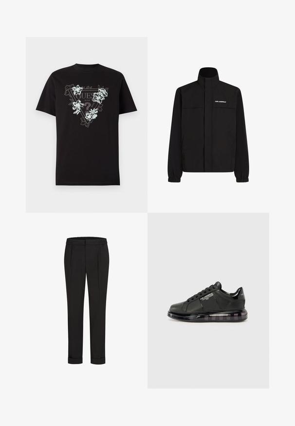 Juodas švarkas su aukštu apykakle, elastingais rankogaliais ir dviem priekinėmis kišenėmis. Viršutinėje kairėje pusėje yra baltas logotipas. Lygus, vandeniui atsparus audinys.; Juodas medvilninis marškinėliai su trikampiu logotipu, dekoruotu floriniu raštu šviesiai mėlyna ir balta spalvomis. Trumpomis rankovėmis ir standartinės fasono.; Juodi kelnių su elastinga juosmena, tiesaus kirpimo ir sukurtomis rankovėmis. Pagaminti iš lygaus, audinio be raštų.; Juodi sportiniai bateliai su lygiu odiniu apdailu, suapvalintu nosiu ir raištelių dizainu. Ypatybės apima skaidrų, paminkštintą pado su tamsiu gradientu.