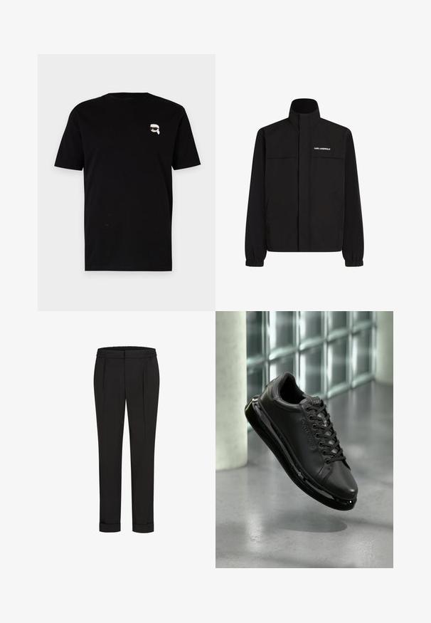Čierna bunda s vysokým golierom, elastickými manžetami a dvoma prednými vreckami. Na hornej ľavej strane sa nachádza logo v bielej farbe. Hladká, vodeodolná tkanina.; Čierne bavlnené tričko s krátkymi rukávmi, na ľavej strane hrude s malou bielou grafikou postavy s okuliarmi. Klasický dizajn s okrúhlym výstrihom.; Čierne nohavice s elastickým pásom, s rovnými nohavicami a prehnutými manžetami. Vyrobené z hladkej tkaniny bez vzorov.; Čierne kožené tenisky s viazaním, ktoré majú polstrovanú podrážku a reflexné detaily. Obuv sa vznáša nad hladkým povrchom.