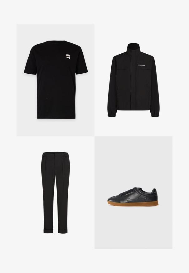 Melna jaka ar augstu apkakli, elastīgām aprocēm un divām priekšējām kabatām. Ieprintēts logo augšējā kreisajā pusē baltā krāsā. Gluda, ūdensizturīga auduma.; Melna kokvilnas t-kreklu ar īsām piedurknēm, kas rotāta ar mazu baltu grafiku ar tēlu, kuram ir brilles, kreisajā krūtī. Klasiska apaļā kakla dizains.; Melni bikses ar elastīgu jostu, ar taisna piegriezuma dizainu un sarullētām piedurknēm. Izgatavotas no gluda, auduma bez rakstiem.; Melna ādas sporta kurpe ar noapaļotu purngalu, saistīšanas priekšpusi un kontrastējošu gumijas zoli. Satur izspiestu zīmolu malā un aizmugurē.