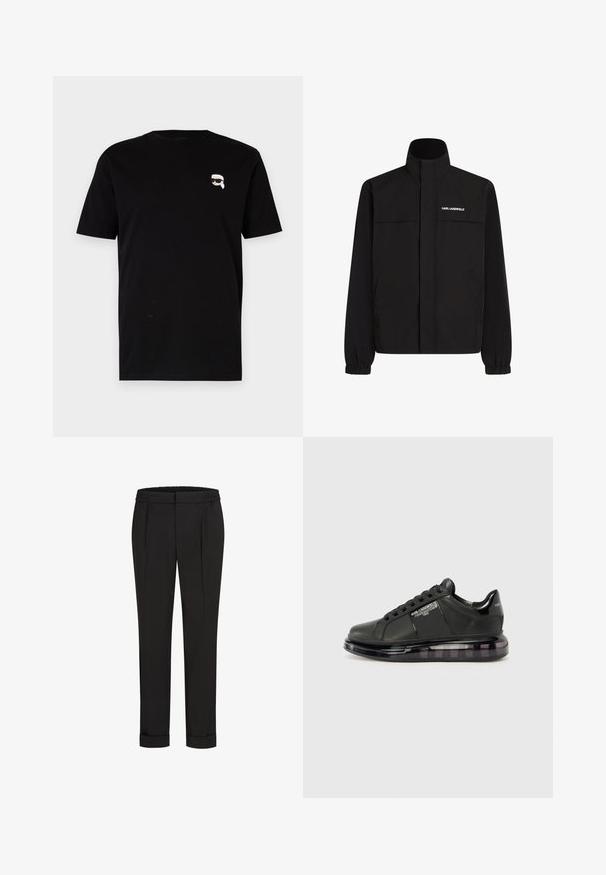 Fekete dzseki magas gallérral, elasztikus mandzsettákkal és két elülső zsebbel. Fehér logó található a bal felső oldalon. Simább, vízálló anyag.; Fekete pamut póló, rövid ujjú, bal mellen egy kis fehér grafikával, amelyen egy szemüveges karakter látható. Klasszikus kerek nyakú dizájn.; Fekete nadrág, elasztikus derékpánttal, egyenes szárú kivitelben és felhajtott szárakkal. Simább, szőtt anyagból készült, minták nélkül.; Fekete sportcipő sima bőr felsőrésszel, kerek orral és fűzős dizájnnal. Átlátszó, párnázott talppal rendelkezik, sötét árnyalatú átmenettel.