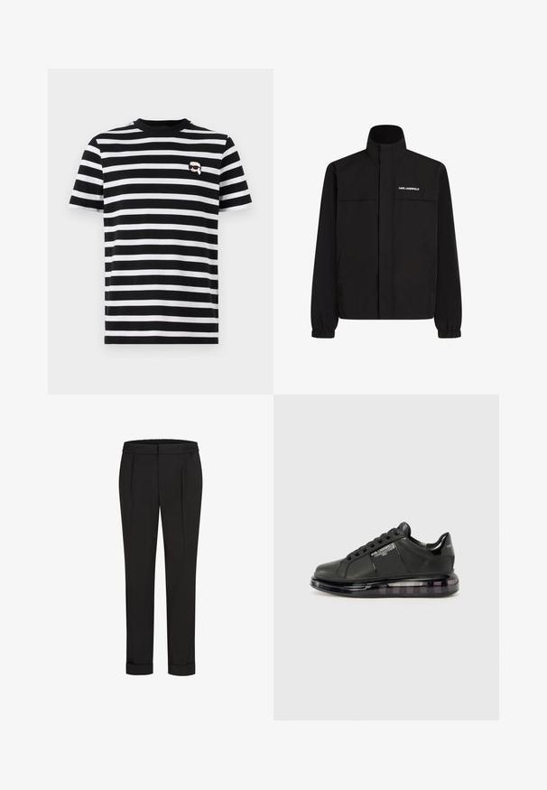 Juodas švarkas su aukštu apykakle, elastingais rankogaliais ir dviem priekinėmis kišenėmis. Viršutinėje kairėje pusėje yra baltas logotipas. Lygus, vandeniui atsparus audinys.; Juodai balta dryžuota marškinė su trumpomis rankovėmis, apvaliu kaklu ir mažais grafikos akcentais krūtinėje. Pagaminta iš medvilnės.; Juodi kelnių su elastinga juosmena, tiesaus kirpimo ir sukurtomis rankovėmis. Pagaminti iš lygaus, audinio be raštų.; Juodi sportiniai bateliai su lygiu odiniu apdailu, suapvalintu nosiu ir raištelių dizainu. Ypatybės apima skaidrų, paminkštintą pado su tamsiu gradientu.