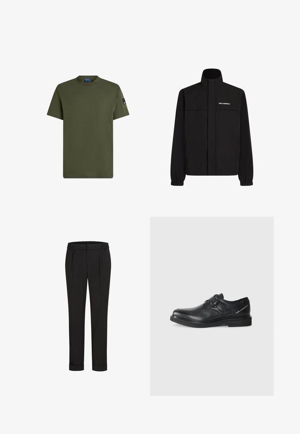 Czarna kurtka z wysokim kołnierzem, elastycznymi mankietami i dwiema przednimi kieszeniami. Posiada logo na górnej lewej stronie w białym kolorze. Gładki, wodoodporny materiał.; Oliwkowy t-shirt z krótkim rękawem wykonany z bawełny. Posiada okrągły dekolt oraz małą czarną metkę na lewym rękawie. Gładka tekstura.; Czarne spodnie z elastycznym pasem, charakteryzujące się prostym krojem nogawki i podwiniętymi mankietami. Wykonane z gładkiej, tkanej tkaniny bez wzorów.; Czarny skórzany but z okrągłym noskiem, pojedynczym zapięciem i płaską gumową podeszwą. Posiada logo po bokach w pobliżu pięty.