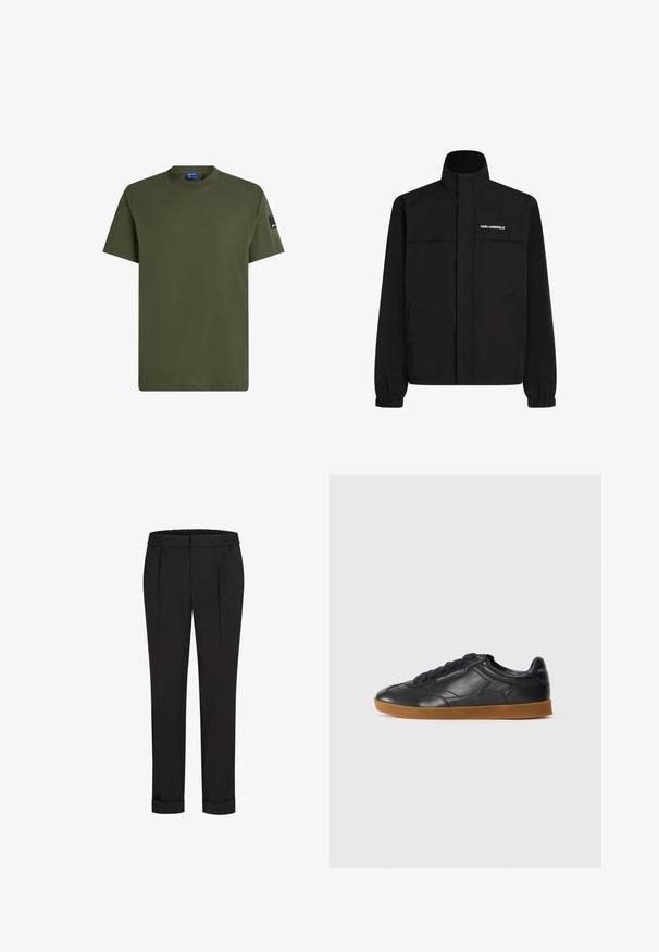 Čierna bunda s vysokým golierom, elastickými manžetami a dvoma prednými vreckami. Na hornej ľavej strane sa nachádza logo v bielej farbe. Hladká, vodeodolná tkanina.; Olívovo zelené tričko s krátkym rukávom vyrobené z bavlny. Má okrúhly výstrih a malú čiernu nášivku na ľavom rukáve. Hladký povrch.; Čierne nohavice s elastickým pásom, s rovnými nohavicami a prehnutými manžetami. Vyrobené z hladkej tkaniny bez vzorov.; Čierne kožené tenisky s guľatou špičkou, šnurovaním vpredu a kontrastnou gumenou podrážkou. Obsahujú embosované logo na boku a na zadnej strane.