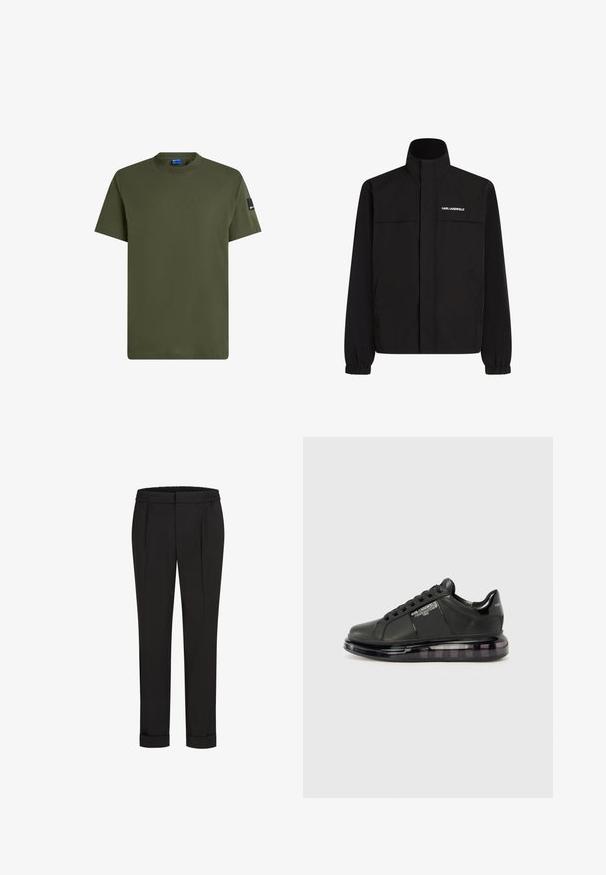 Musta takki, jossa on korkea kaulus, joustavat hihat ja kaksi etutaskua. Vasemmassa yläkulmassa valkoinen logo. Sileä, vedenkestävä kangas.; Oliivinvihreä lyhythihainen t-paita, joka on valmistettu puuvillasta. Siinä on pyöreä kaula-aukko ja pieni musta etiketti vasemmassa hihassa. Sileä pinta.; Mustat housut, joissa on joustava vyötärö, suoran lahkeiden muotoilu ja käännetyt hihnat. Valmistettu sileästä, kudotusta kankaasta ilman kuvioita.; Mustat lenkkarit, joissa on sileä nahkapäällinen, pyöreä kärki ja nauhakiinnitys. Varustettu kirkkaalla, pehmeällä pohjalla, jossa on tumma gradientti.