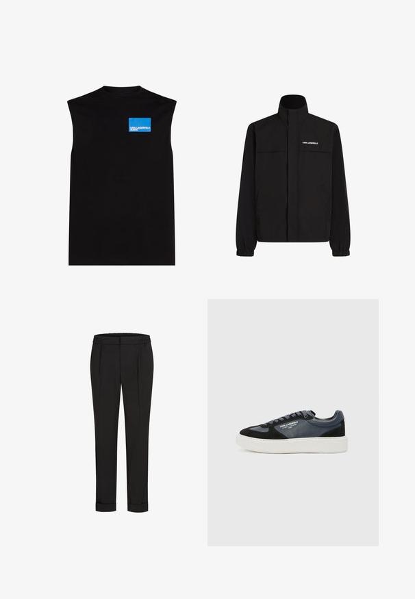 Črna jakna z visokim ovratnikom, elastičnimi rokavi in dvema sprednjima žepoma. Na zgornji levi strani je bel logotip. Gladka, vodoodporna tkanina.; Črna brezrokavna majica iz bombaža. Ima moder pravokotni logotip na levem prsnem delu z kontrastnim besedilom. Preprost, neopazen dizajn.; Črne hlače z elastičnim pasom, s pravimi nogavicami in zavihanimi manšetami. Narejene so iz gladkega, tkanega materiala brez vzorcev.; Črne in mornarsko modre superge iz usnja in semiša, z debelim belim srednjim podplatom, okroglo konico in teksturiranimi detajli. Zavezovanje v usklajeni barvi.
