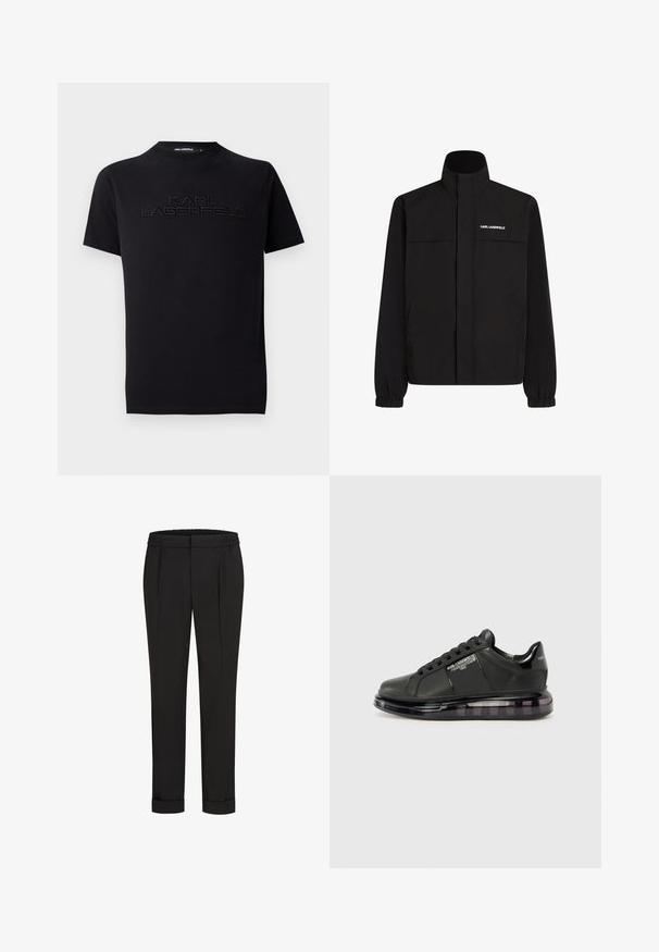 Melna jaka ar augstu apkakli, elastīgām aprocēm un divām priekšējām kabatām. Ieprintēts logo augšējā kreisajā pusē baltā krāsā. Gluda, ūdensizturīga auduma.; Melna kokvilnas T-krekls ar apaļu kaklu, ar izvirzītu, izšūtu logotipu "KARL LAGERFELD" krūšu daļā. Īsās piedurknes un teksturēta detaļa.; Melni bikses ar elastīgu jostu, ar taisna piegriezuma dizainu un sarullētām piedurknēm. Izgatavotas no gluda, auduma bez rakstiem.; Melnas sporta kurpes ar gludu ādas virsu, noapaļotu purngalu un saistīšanas dizainu. Iezīmē skaidru, mīkstu zoli ar tumšu gradientu.