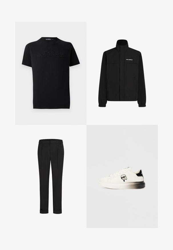 Juodas švarkas su aukštu apykakle, elastingais rankogaliais ir dviem priekinėmis kišenėmis. Viršutinėje kairėje pusėje yra baltas logotipas. Lygus, vandeniui atsparus audinys.; Juodas medvilninis marškinėliai su apvalia iškirpte, su iškilniu, siuvinėtų logotipu "KARL LAGERFELD" per krūtinę. Trumpomis rankovėmis ir tekstūruota detalė.; Juodi kelnių su elastinga juosmena, tiesaus kirpimo ir sukurtomis rankovėmis. Pagaminti iš lygaus, audinio be raštų.; Baltos sportbačiai su lygiu odiniu paviršiumi, juodais akcentais ant kulno ir komiksų logotipu. Yra storas, šiek tiek permatomas padas.