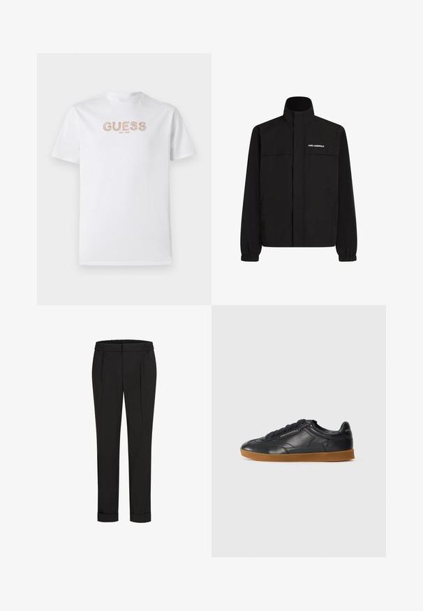 Melna jaka ar augstu apkakli, elastīgām aprocēm un divām priekšējām kabatām. Ieprintēts logo augšējā kreisajā pusē baltā krāsā. Gluda, ūdensizturīga auduma.; Balts kokvilnas T-krekls ar apaļu kakla izgriezumu un īsām piedurknēm. Satur "GUESS" logo ar teksturētu bālganu brūnu krāsu, ar "EST. 1981" zem tā.; Melni bikses ar elastīgu jostu, ar taisna piegriezuma dizainu un sarullētām piedurknēm. Izgatavotas no gluda, auduma bez rakstiem.; Melna ādas sporta kurpe ar noapaļotu purngalu, saistīšanas priekšpusi un kontrastējošu gumijas zoli. Satur izspiestu zīmolu malā un aizmugurē.