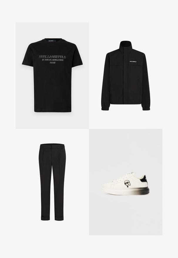 Mustan värvi jakk, millel on kõrge krae, elastsed mansetid ja kaks esikot. Ümber vasaku ülemise külje on valge logo. Sile, veekindel kangas.; Must musta särk, millel on paisutatud valge tekst: "KARL LAGERFELD 21 RUE ST-GUILLAUME PARIS." Lühikesed varrukad ja ümar kaelus.; Mustad püksid elastse vöökohtaga, sirge jala kujundusega ja üles keeratud äärtega. Valmistatud siledast, kudumisega kangast, ilma mustriteta.; Valge spordijalats sileda nahkpealispinnaga, mustade aktsentidega kandadel ja multifilmi logo. Omab paksu, veidi läbipaistvat tallat.