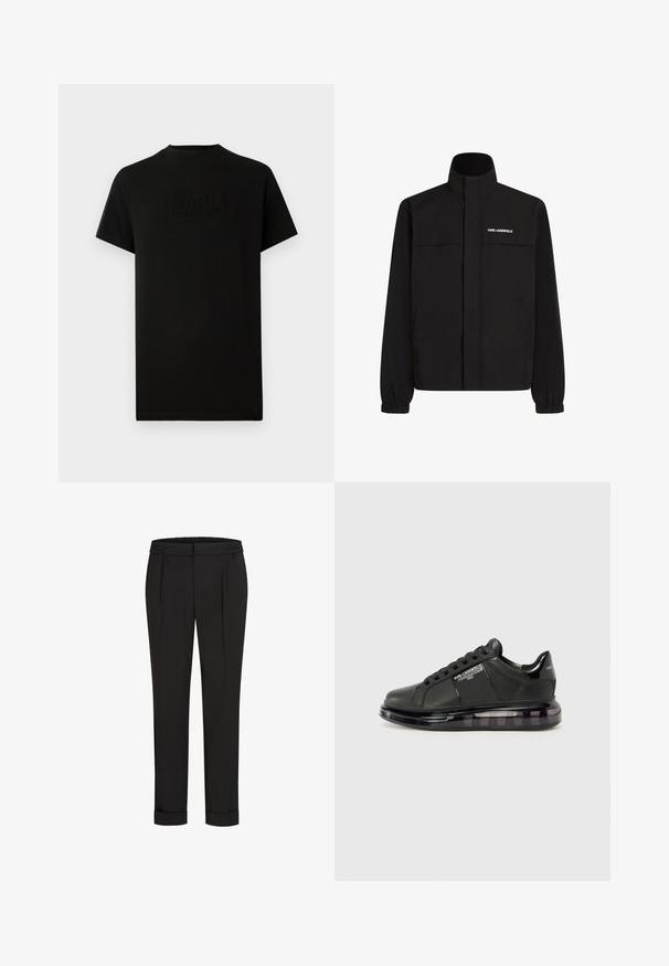 Fekete dzseki magas gallérral, elasztikus mandzsettákkal és két elülső zsebbel. Fehér logó található a bal felső oldalon. Simább, vízálló anyag.; Fekete, rövid ujjú, kerek nyakú póló, középen, a mellrészen dombornyomott "KARL LAGERFELD" logóval.; Fekete nadrág, elasztikus derékpánttal, egyenes szárú kivitelben és felhajtott szárakkal. Simább, szőtt anyagból készült, minták nélkül.; Fekete sportcipő sima bőr felsőrésszel, kerek orral és fűzős dizájnnal. Átlátszó, párnázott talppal rendelkezik, sötét árnyalatú átmenettel.