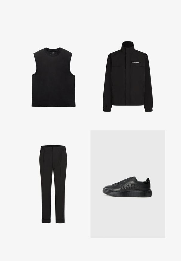 Zwarte jas met hoge kraag, elastische manchetten en twee voorzakken. Kenmerkt een logo op de bovenste linkerzijde in het wit. Glad, waterafstotend materiaal.; Zwarte mouwloze katoenen t-shirt met een ronde halslijn, een relaxte pasvorm en gestikte zoomdetails. Soepele textuur, eenvoudig ontwerp.; Zwarte broek met een elastische tailleband, met een rechtvallend ontwerp en opgerolde manchetten. Gemaakt van glad, geweven stof zonder patronen.; Zwarte sneaker van glad leer, met een dikke ribbelzool en het merknaam in reliëf. Klassiek vetersluiting ontwerp met ronde oogjes.