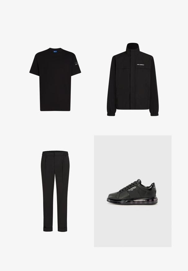 Juodas švarkas su aukštu apykakle, elastingais rankogaliais ir dviem priekinėmis kišenėmis. Viršutinėje kairėje pusėje yra baltas logotipas. Lygus, vandeniui atsparus audinys.; Juodas medvilninis marškinėliai trumpomis rankovėmis, apvaliu iškirpimu ir mažo ženklo akcentu kairėje rankovėje. Lygus paviršius, standartinio kirpimo.; Juodi kelnių su elastinga juosmena, tiesaus kirpimo ir sukurtomis rankovėmis. Pagaminti iš lygaus, audinio be raštų.; Juodi sportiniai bateliai su lygiu odiniu apdailu, suapvalintu nosiu ir raištelių dizainu. Ypatybės apima skaidrų, paminkštintą pado su tamsiu gradientu.