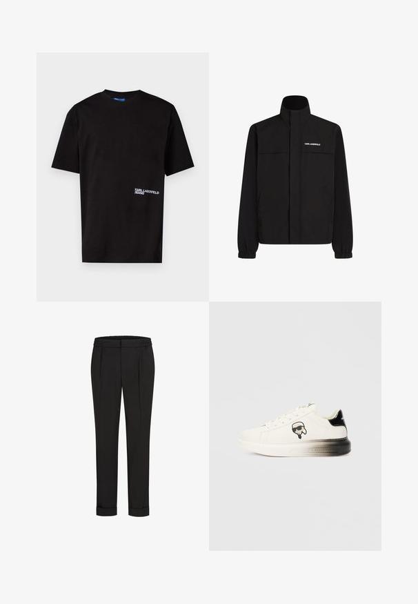 Mustan värvi jakk, millel on kõrge krae, elastsed mansetid ja kaks esikot. Ümber vasaku ülemise külje on valge logo. Sile, veekindel kangas.; Must musta T-särk lühikeste varrukatega, ümar kaelus ja valge brodeeritud "KARL LAGERFELD JEANS" logo vasakul küljel hemplangil.; Mustad püksid elastse vöökohtaga, sirge jala kujundusega ja üles keeratud äärtega. Valmistatud siledast, kudumisega kangast, ilma mustriteta.; Valge spordijalats sileda nahkpealispinnaga, mustade aktsentidega kandadel ja multifilmi logo. Omab paksu, veidi läbipaistvat tallat.