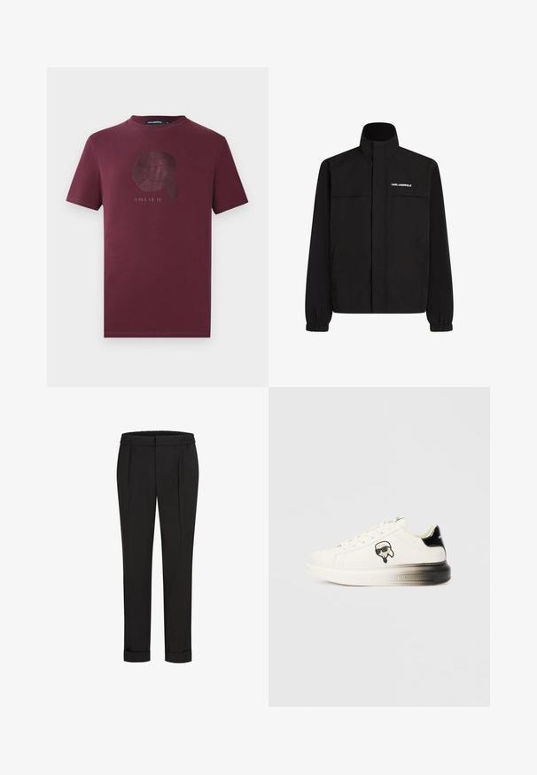 Juodas švarkas su aukštu apykakle, elastingais rankogaliais ir dviem priekinėmis kišenėmis. Viršutinėje kairėje pusėje yra baltas logotipas. Lygus, vandeniui atsparus audinys.; Raudonai marškiniai su trumpomis rankovėmis ir apvali iškirpte, su subtiliu blizgiu piešiniu, kuriame pavaizduotas žmogus akiniams nuo saulės, ir tekstu apačioje centrinėje dalyje.; Juodi kelnių su elastinga juosmena, tiesaus kirpimo ir sukurtomis rankovėmis. Pagaminti iš lygaus, audinio be raštų.; Baltos sportbačiai su lygiu odiniu paviršiumi, juodais akcentais ant kulno ir komiksų logotipu. Yra storas, šiek tiek permatomas padas.