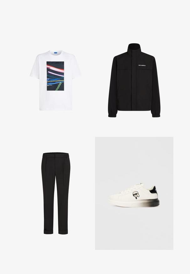 Črna jakna z visokim ovratnikom, elastičnimi rokavi in dvema sprednjima žepoma. Na zgornji levi strani je bel logotip. Gladka, vodoodporna tkanina.; Bela bombažna majica s centralnim pravokotnim grafičnim motivom, ki prikazuje barvite svetlobne sledi v rdeči, modri in zeleni barvi na črnem ozadju.; Črne hlače z elastičnim pasom, s pravimi nogavicami in zavihanimi manšetami. Narejene so iz gladkega, tkanega materiala brez vzorcev.; Bele teniske s gladkim usnjem, črnimi poudarki na peti in risanim logotipom. Imajo debel, rahlo prozoren podplat.