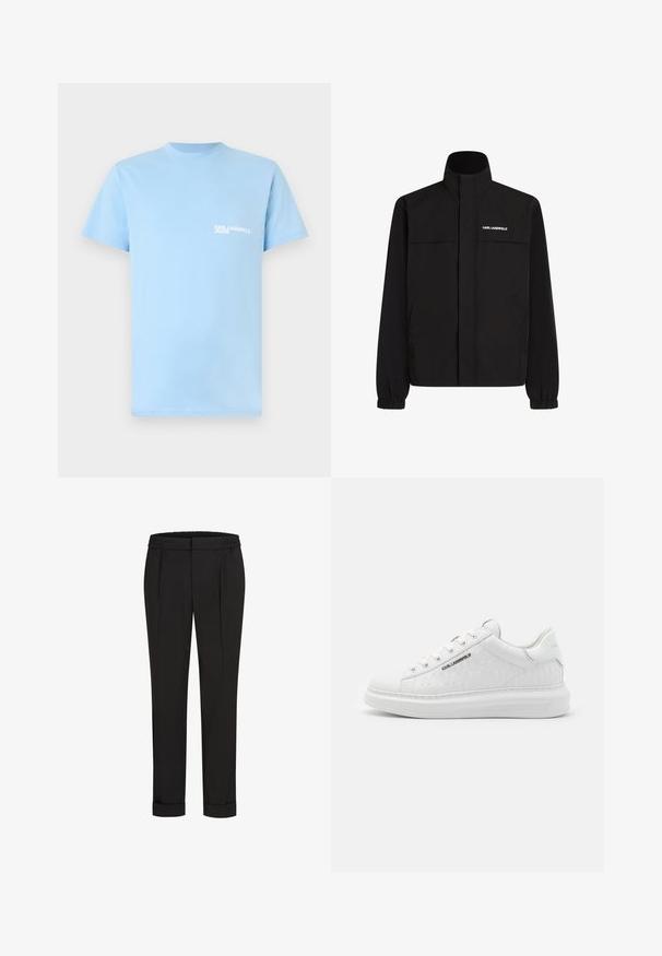 Černá bunda s vysokým límcem, elastickými manžetami a dvěma předními kapsami. Na levé horní straně se nachází bílé logo. Hladká, voděodolná tkanina.; Světle modré tričko z bavlny, s kulatým výstřihem a krátkými rukávy. Malý bílý text "KARL LAGERFELD JEANS" na levé části hrudi.; Černé kalhoty s elastickým pasem, s rovnými nohavicemi a ohrnutými lemy. Vyrobené z hladké tkaniny bez vzorů.; Bílé tenisky vyrobené z hladké kůže s embosovaným vzorem. Mají kulatou špičku, šněrování vpředu a texturovanou podrážku. Stříbrný logo detail na boku.