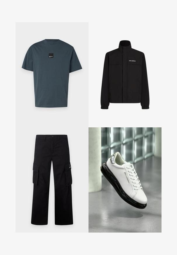 Fekete dzseki magas gallérral, elasztikus mandzsettákkal és két elülső zsebbel. Fehér logó található a bal felső oldalon. Simább, vízálló anyag.; Menta zöld pamut póló rövid ujjakkal, kerek nyakkal és egy kis fekete négyzet alakú logóval az elején. Sima textúra, laza szabás.; Fekete cargo nadrág tartós anyagból, egyenes szabású, oldal zsebekkel és gombos záródással.; Fehér bőr sportcipő fekete gumitalppal és átlátszó részletekkel. Fűzővel és domború logóval rendelkezik, szürke padlón elhelyezve.
