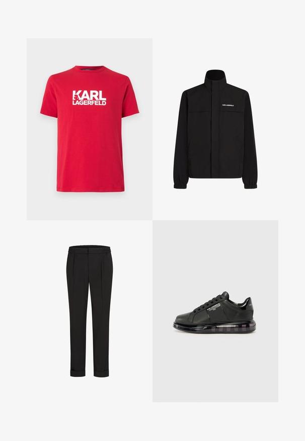 Černá bunda s vysokým límcem, elastickými manžetami a dvěma předními kapsami. Na levé horní straně se nachází bílé logo. Hladká, voděodolná tkanina.; Červené bavlněné tričko s krátkým rukávem a kulatým výstřihem, na přední straně s velkým bílým potiskem loga "KARL LAGERFELD".; Černé kalhoty s elastickým pasem, s rovnými nohavicemi a ohrnutými lemy. Vyrobené z hladké tkaniny bez vzorů.; Černé tenisky s hladkým koženým svrškem, zaoblenou špičkou a šněrovacím designem. Mají průhlednou, polstrovanou podrážku s tmavým přechodem.