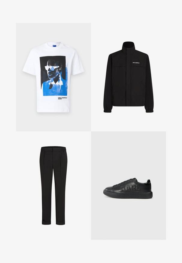 Mustan värvi jakk, millel on kõrge krae, elastsed mansetid ja kaks esikot. Ümber vasaku ülemise külje on valge logo. Sile, veekindel kangas.; Valge puuvillane T-särk, millel on sinise ja musta graafilise trükiga nägu prillides. Sisaldab tekstidetaile "KARL LAGERFELD JEANS".; Mustad püksid elastse vöökohtaga, sirge jala kujundusega ja üles keeratud äärtega. Valmistatud siledast, kudumisega kangast, ilma mustriteta.; Mustad must sneaker, mille pehme nahaga, paksu sooniku põhja ja reljeefse kaubamärgiga. Klassikaline paelaga sulgemisdisain ümmarguste silmadega.