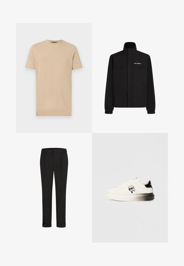 Crna jakna s visokim ovratnikom, elastičnim manžetama i dva prednja džepa. Sadrži logo na gornjoj lijevoj strani u bijeloj boji. Glatka, vodootporna tkanina.; Bež majica s kratkim rukavima izrađena od mekanog pamuka. Ima zaobljeni ovratnik i mali izvezeni logo na prsima. Glatka tekstura.; Crne hlače s elastičnom trakom u struku, s ravnim krojem i zavrnutim rubovima. Napravljene od glatkog, tkanog materijala bez uzoraka.; Bijela tenisica s glatkom kožnom gornjom, crnim akcentima na peti i crtanom logom. Ima debeli, lagano proziran potplat.