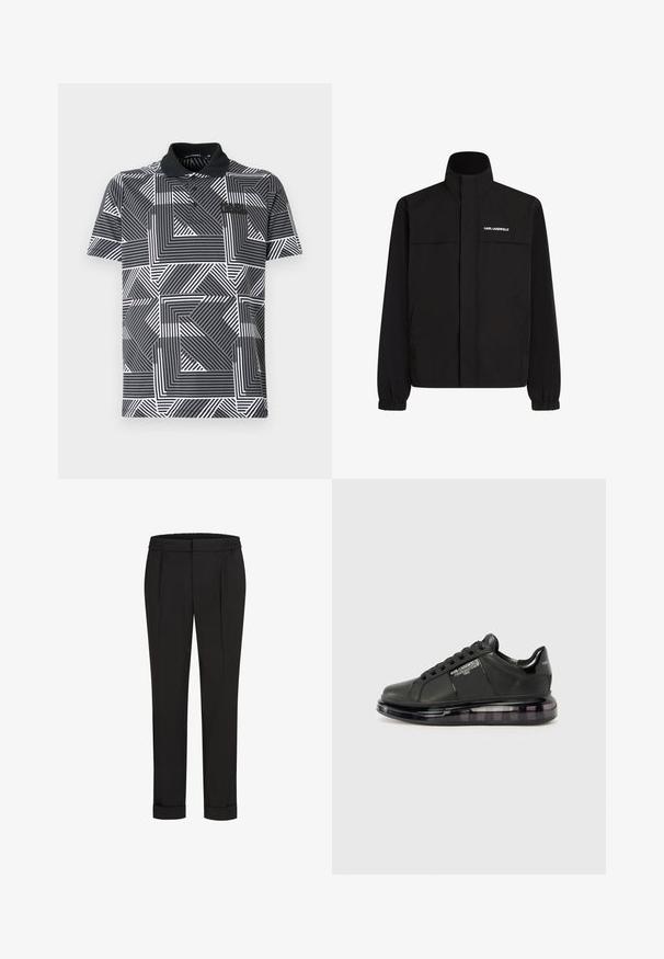 Črna jakna z visokim ovratnikom, elastičnimi rokavi in dvema sprednjima žepoma. Na zgornji levi strani je bel logotip. Gladka, vodoodporna tkanina.; Polo majica z geometrijskimi vzorci v črno-beli barvi, ki vsebuje črte in ostre kote. Narejena je iz lahkega materiala z ovratnikom.; Črne hlače z elastičnim pasom, s pravimi nogavicami in zavihanimi manšetami. Narejene so iz gladkega, tkanega materiala brez vzorcev.; Črne snežne čevlje z gladkim usnjenim zgornjim delom, zaobljenim toeom in vezalnim dizajnom. Imajo prozoren, oblazinjen podplat z temnim gradijentom.