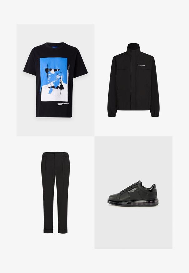 Chaqueta negra con cuello alto, puños elásticos y dos bolsillos frontales. Presenta un logo en el lado superior izquierdo en blanco. Tejido suave y resistente al agua.; Camiseta de algodón negra con un gráfico audaz en azul y blanco de una cara con gafas de sol. "KARL LAGERFELD JEANS" impreso en la parte inferior.; Pantalones negros con cintura elástica, con un diseño de pierna recta y dobladillos enrollados. Hechos de una tela suave y Woven sin patrones.; Zapatilla negra con parte superior de cuero liso, puntera redondeada y diseño con cordones. Presenta una suela clara y acolchada con un degradado oscuro.