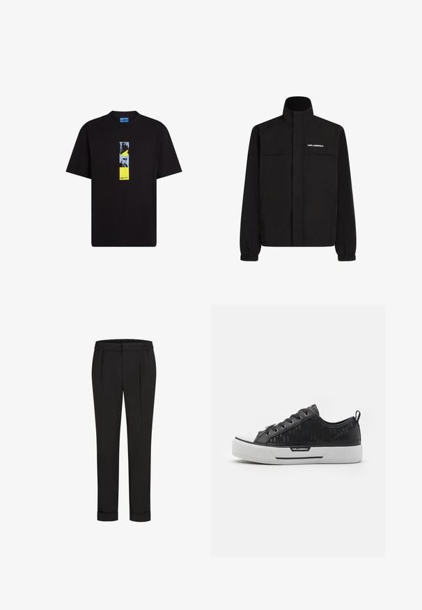 Sort jakke med høj krave, elastiske manchetter og to frontlommer. Har logo på øverste venstre side i hvid. Glat, vandafvisende stof.; Sort bomulds T-shirt med rund hals. Foran har den et vertikalt grafisk design, der kombinerer blå, gul og sorte elementer.; Sorte bukser med elastisk talje, der har et lige ben-design og opkrøllede cuffs. Lavet af glat, vævet stof uden mønstre.; Sort lav sko med mønstret kanvas-overdel, hvid gummitåhætte, tekstureret sål og logoaccent på siden. Metaløjer til snørebånd.