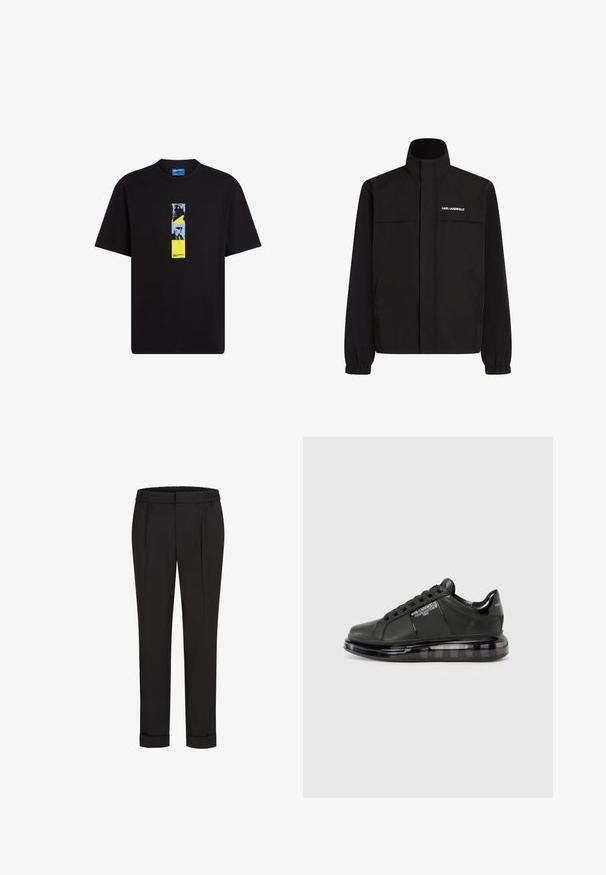 Jachetă neagră cu guler înalt, manșete elastice și două buzunare frontale. Prezintă un logo pe partea stângă sus, de culoare albă. Material neted, rezistent la apă.; Tricou din bumbac negru cu guler rotund. Partea din față are un design grafic vertical, combinând elemente de culoare albastră, galbenă și neagră.; Pantaloni negri cu talie elastică, având un design cu picioare drepte și manșete suflecate. Realizați dintr-un material neted, țesut, fără modele.; Adidași negri cu partea superioară din piele netedă, vârf rotund și design cu șireturi. Prezintă o talpă transparentă, căptușită, cu un gradient întunecat.