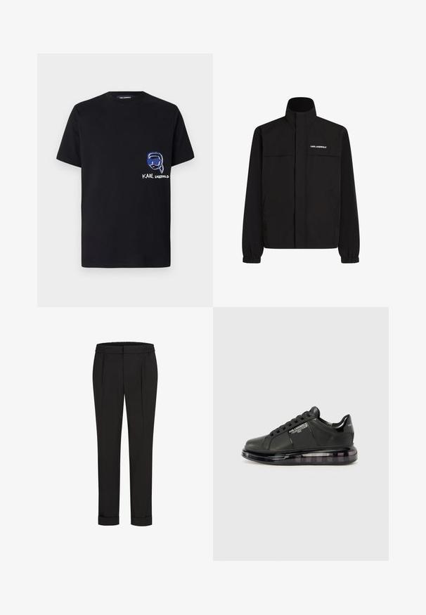 Melna jaka ar augstu apkakli, elastīgām aprocēm un divām priekšējām kabatām. Ieprintēts logo augšējā kreisajā pusē baltā krāsā. Gluda, ūdensizturīga auduma.; Melnas kokvilnas t-krekls ar krūšu grafiku, kas attēlo seju ar saulesbrillēm, un zem tās ir teksts "KARL LAGERFELD". Īsas piedurknes un apaļš kakls.; Melni bikses ar elastīgu jostu, ar taisna piegriezuma dizainu un sarullētām piedurknēm. Izgatavotas no gluda, auduma bez rakstiem.; Melnas sporta kurpes ar gludu ādas virsu, noapaļotu purngalu un saistīšanas dizainu. Iezīmē skaidru, mīkstu zoli ar tumšu gradientu.