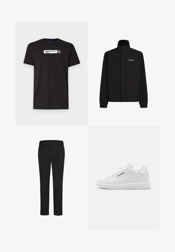 Černá bunda s vysokým límcem, elastickými manžetami a dvěma předními kapsami. Na levé horní straně se nachází bílé logo. Hladká, voděodolná tkanina.; Černé bavlněné tričko s krátkými rukávy, na kterém je bílý potisk s nápisem "KARL LAGERFELD JEANS" a logem, kulatý výstřih.; Černé kalhoty s elastickým pasem, s rovnými nohavicemi a ohrnutými lemy. Vyrobené z hladké tkaniny bez vzorů.; Bílé tenisky vyrobené z hladké kůže s embosovaným vzorem. Mají kulatou špičku, šněrování vpředu a texturovanou podrážku. Stříbrný logo detail na boku.
