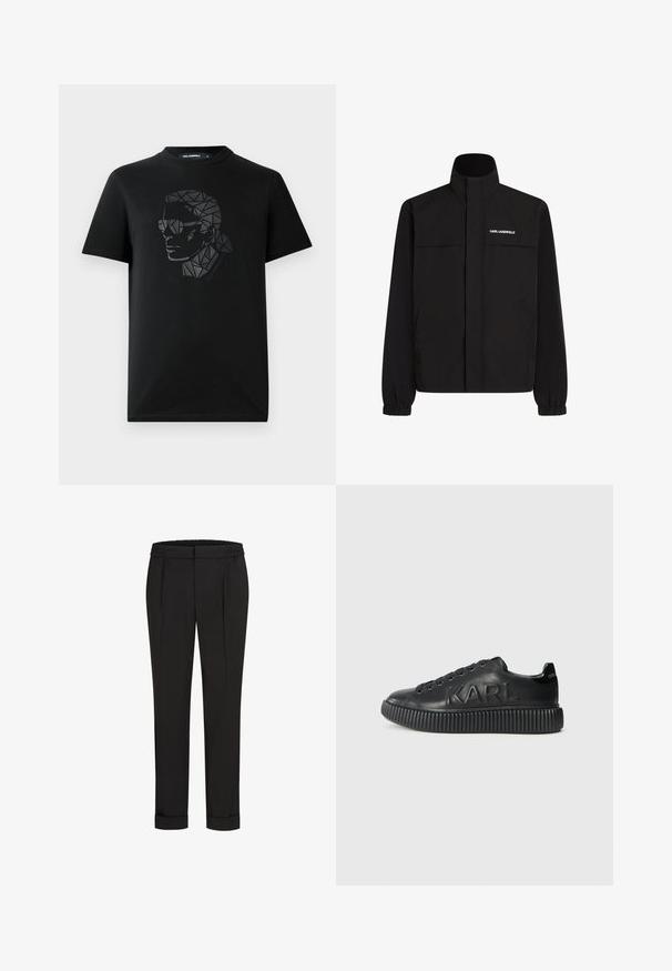 Svart jacka med hög krage, elastiska muddar och två framfickor. Har logotyp på övre vänstra sidan i vitt. Slät, vattenavvisande tyg.; Svart bomull t-shirt med en geometrisk, reflekterande svart design av ett ansikte som bär solglasögon på framsidan. Har en rund halsringning.; Svarta byxor med elastisk midja, med en rak bendesign och uppvikta fållar. Tillverkade av glatta, vävda tyger utan mönster.; Svart sneaker i slät läder, med en tjock ribbad sula och präglat varumärke. Klassisk snörningsdesign med runda öglor.