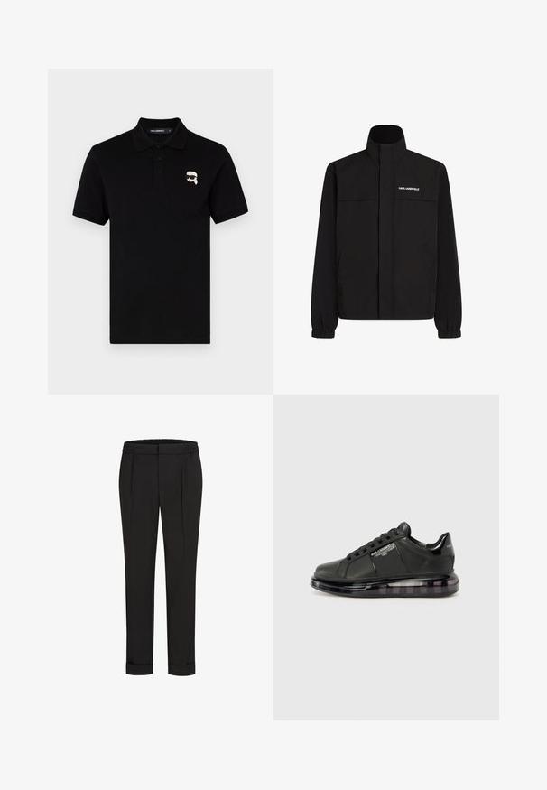 Fekete dzseki magas gallérral, elasztikus mandzsettákkal és két elülső zsebbel. Fehér logó található a bal felső oldalon. Simább, vízálló anyag.; Fekete polo póló pamutból, gallérral, három gombbal és egy kis fehér logóval a bal mellrészen. Rövid ujjú és egyenes szabású.; Fekete nadrág, elasztikus derékpánttal, egyenes szárú kivitelben és felhajtott szárakkal. Simább, szőtt anyagból készült, minták nélkül.; Fekete sportcipő sima bőr felsőrésszel, kerek orral és fűzős dizájnnal. Átlátszó, párnázott talppal rendelkezik, sötét árnyalatú átmenettel.