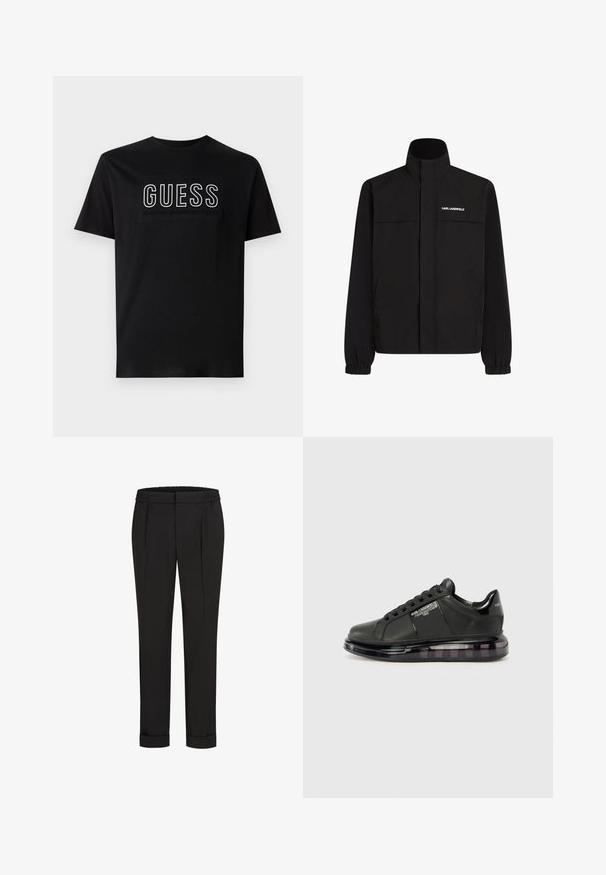 Juodas švarkas su aukštu apykakle, elastingais rankogaliais ir dviem priekinėmis kišenėmis. Viršutinėje kairėje pusėje yra baltas logotipas. Lygus, vandeniui atsparus audinys.; Juoda medvilnės marškinėliai su baltu "GUESS" logotipu, po kuriuo yra tekstas "EST 1981 CLASSIC AMERICAN STYLE". Trumpomis rankovėmis, apvalia kaklo iškirptė.; Juodi kelnių su elastinga juosmena, tiesaus kirpimo ir sukurtomis rankovėmis. Pagaminti iš lygaus, audinio be raštų.; Juodi sportiniai bateliai su lygiu odiniu apdailu, suapvalintu nosiu ir raištelių dizainu. Ypatybės apima skaidrų, paminkštintą pado su tamsiu gradientu.