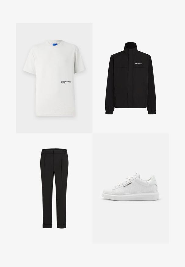 Black jacket with high collar, elastic cuffs, and two front pockets. Features logo on the upper left side in white. Smooth, water-resistant fabric.; White cotton T-shirt with a crew neck and short sleeves. Features a printed logo "KARL LAGERFELD JEANS" in black on the left side.; Black trousers with an elastic waistband, featuring a straight-leg design and rolled cuffs. Made of smooth, woven fabric with no patterns.; White sneaker made of smooth leather with embossed pattern. Features round toe, lace-up front, and textured sole. Silver logo detail on side.