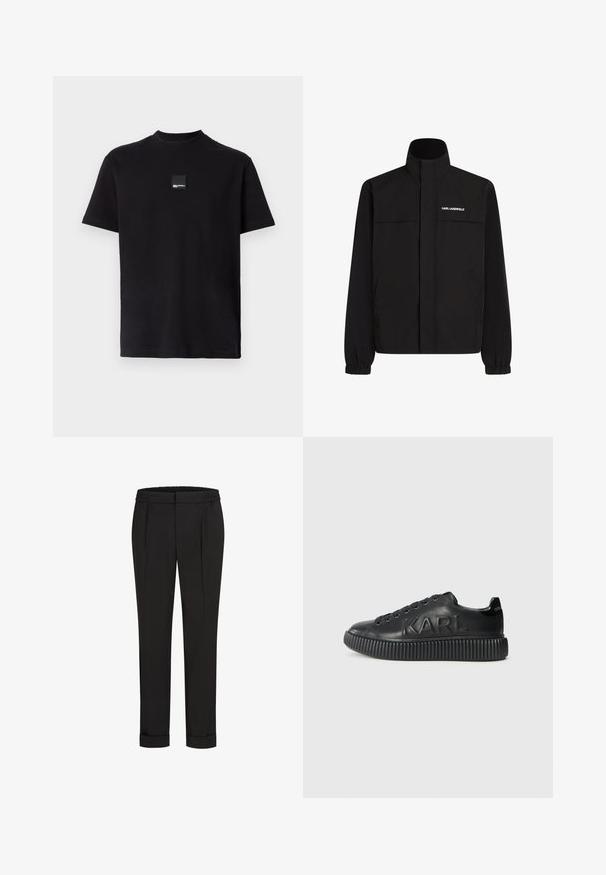 Černá bunda s vysokým límcem, elastickými manžetami a dvěma předními kapsami. Na levé horní straně se nachází bílé logo. Hladká, voděodolná tkanina.; Černé bavlněné tričko s kulatým výstřihem, krátkými rukávy a malou čtvercovou nášivkou na přední straně. Jednoduchý, nezdobený design.; Černé kalhoty s elastickým pasem, s rovnými nohavicemi a ohrnutými lemy. Vyrobené z hladké tkaniny bez vzorů.; Černé tenisky vyrobené z hladké kůže, s tlustou ribbenou podrážkou a embosovaným názvem značky. Klasický design na šněrování s kulatými očky.